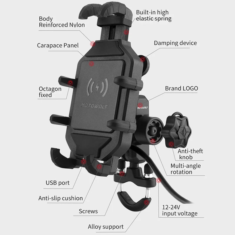 Motorcycle Wireless Charging Phone Holder Cradle 3.0 Quick Charger GPS Moto Support Cellphone Handlebar Mount for 4-7 Inch Phone